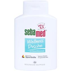 Eine weiße Flasche mit der Aufschrift "sebamed Wellness Dusche".