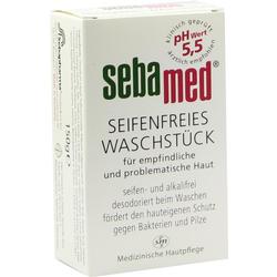 Verpackung eines seifenfreien Waschstücks für empfindliche Haut von Sebamed.