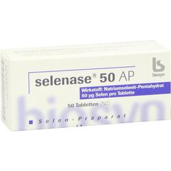 Schachtel mit 50 Selen-Tabletten von Selenase 50 AP.