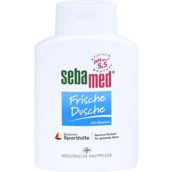 Eine weiße Flasche Sebamed-Duschgel mit blauer Aufschrift.
